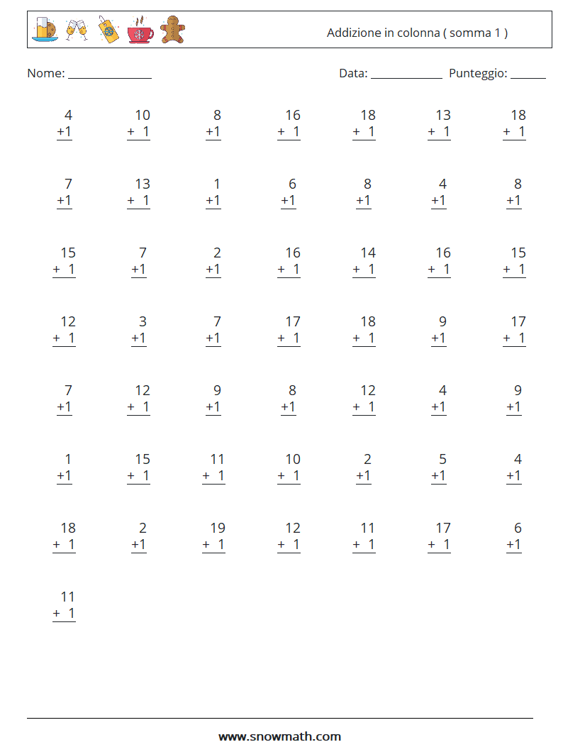 (50) Addizione in colonna ( somma 1 ) Fogli di lavoro di matematica 6