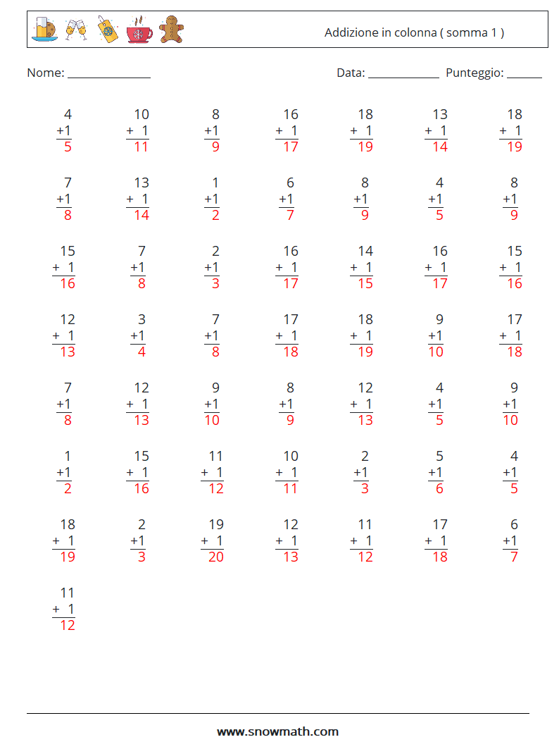(50) Addizione in colonna ( somma 1 ) Fogli di lavoro di matematica 6 Domanda, Risposta