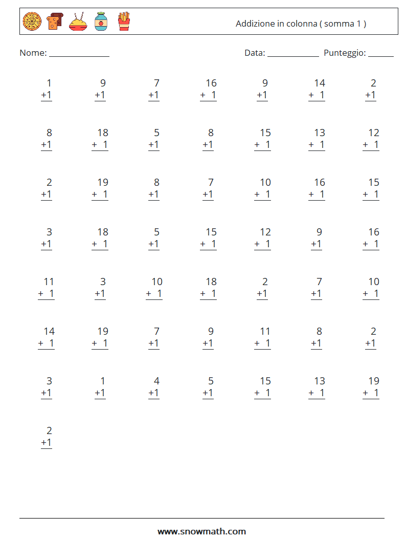 (50) Addizione in colonna ( somma 1 ) Fogli di lavoro di matematica 7