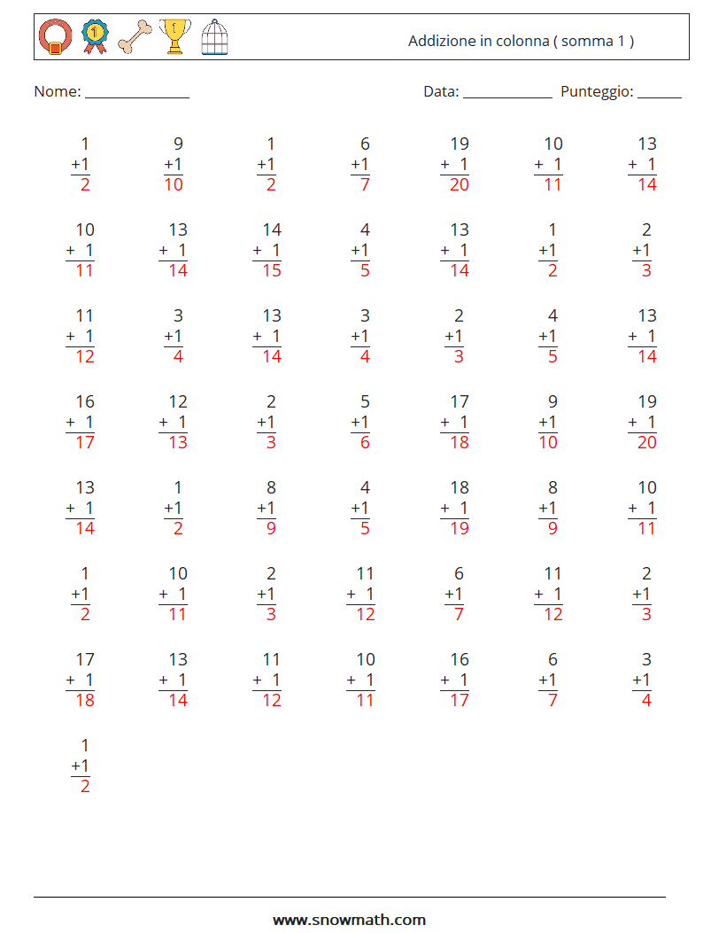 (50) Addizione in colonna ( somma 1 ) Fogli di lavoro di matematica 8 Domanda, Risposta