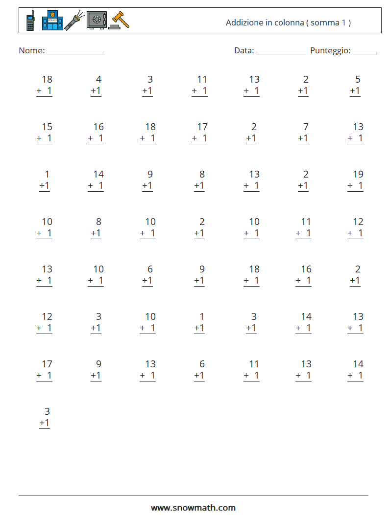 (50) Addizione in colonna ( somma 1 ) Fogli di lavoro di matematica 9
