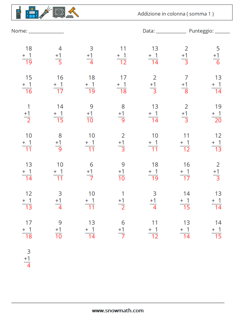 (50) Addizione in colonna ( somma 1 ) Fogli di lavoro di matematica 9 Domanda, Risposta