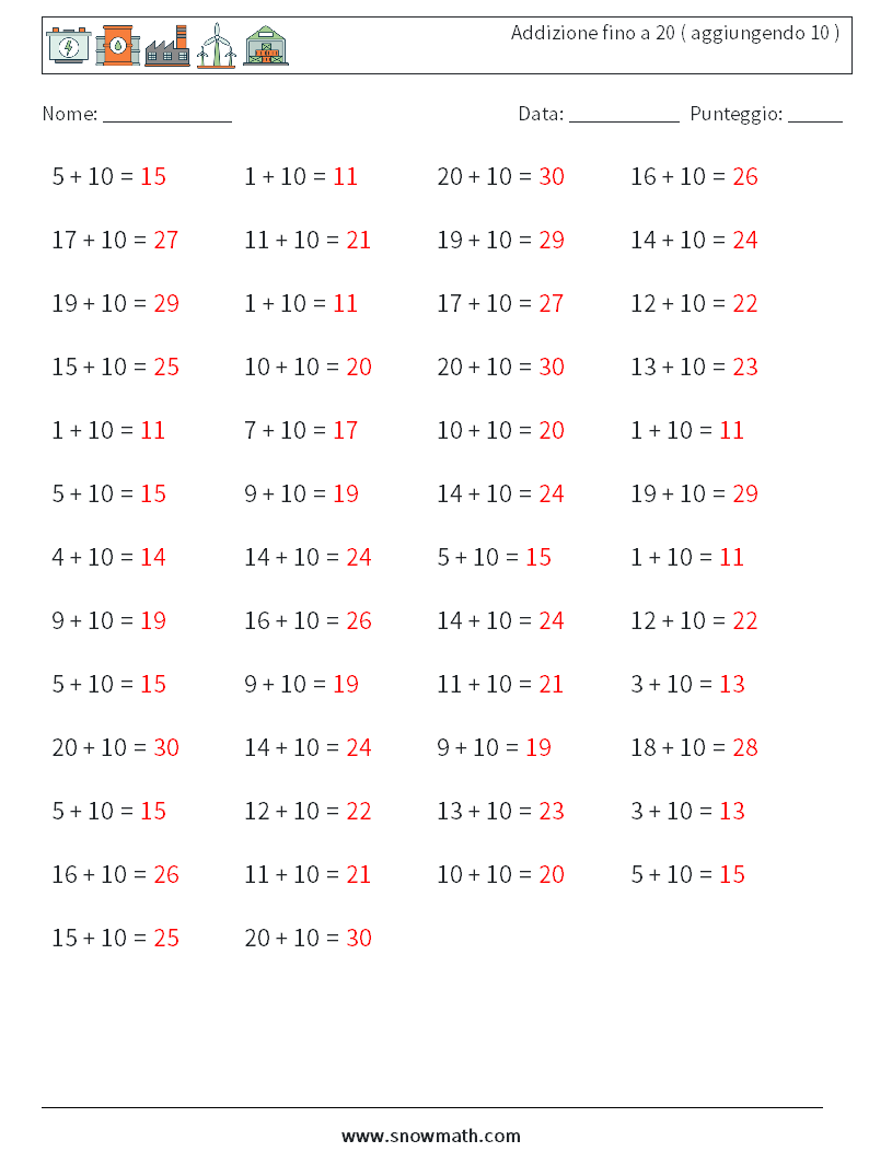 (50) Addizione fino a 20 ( aggiungendo 10 ) Fogli di lavoro di matematica 1 Domanda, Risposta