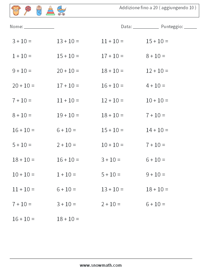 (50) Addizione fino a 20 ( aggiungendo 10 ) Fogli di lavoro di matematica 2