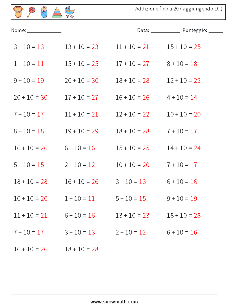 (50) Addizione fino a 20 ( aggiungendo 10 ) Fogli di lavoro di matematica 2 Domanda, Risposta
