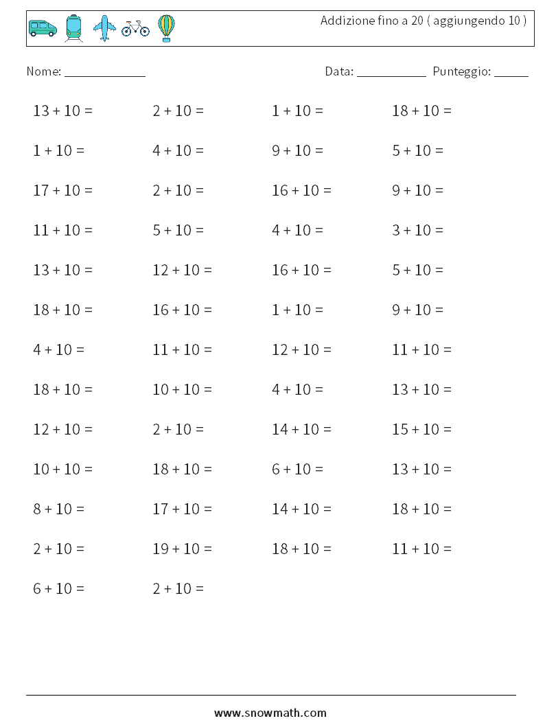 (50) Addizione fino a 20 ( aggiungendo 10 ) Fogli di lavoro di matematica 3