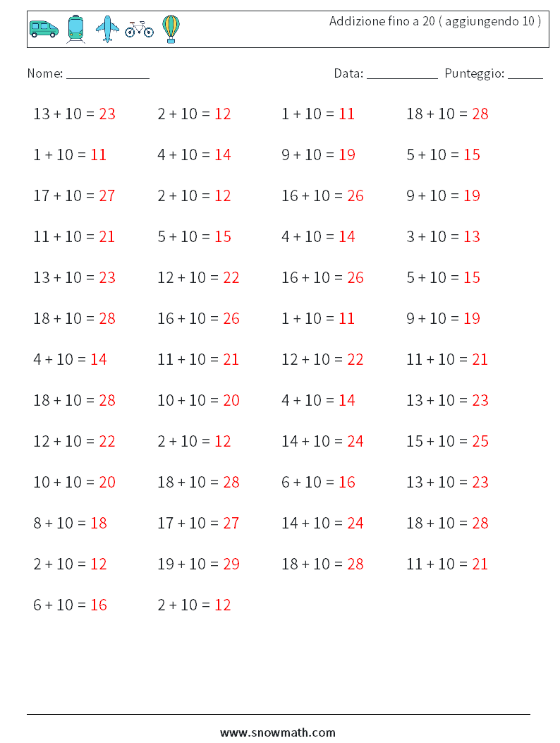 (50) Addizione fino a 20 ( aggiungendo 10 ) Fogli di lavoro di matematica 3 Domanda, Risposta