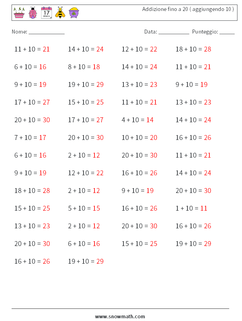 (50) Addizione fino a 20 ( aggiungendo 10 ) Fogli di lavoro di matematica 4 Domanda, Risposta