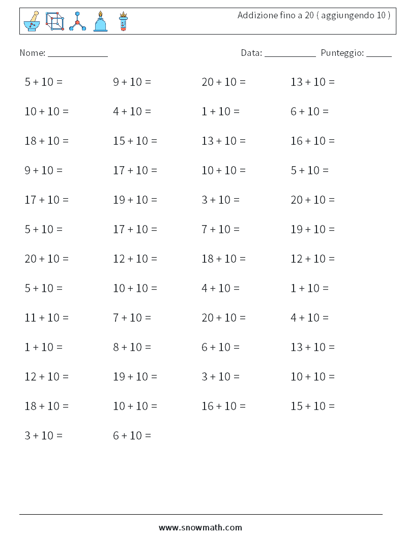 (50) Addizione fino a 20 ( aggiungendo 10 ) Fogli di lavoro di matematica 5