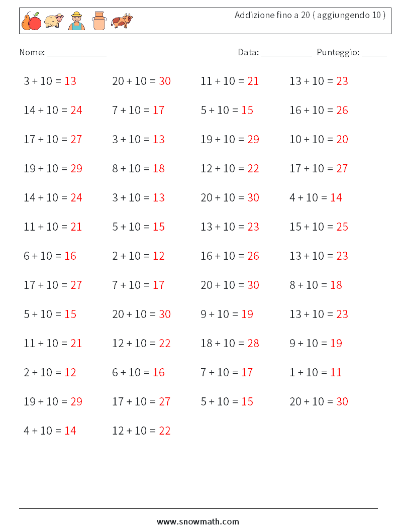 (50) Addizione fino a 20 ( aggiungendo 10 ) Fogli di lavoro di matematica 6 Domanda, Risposta