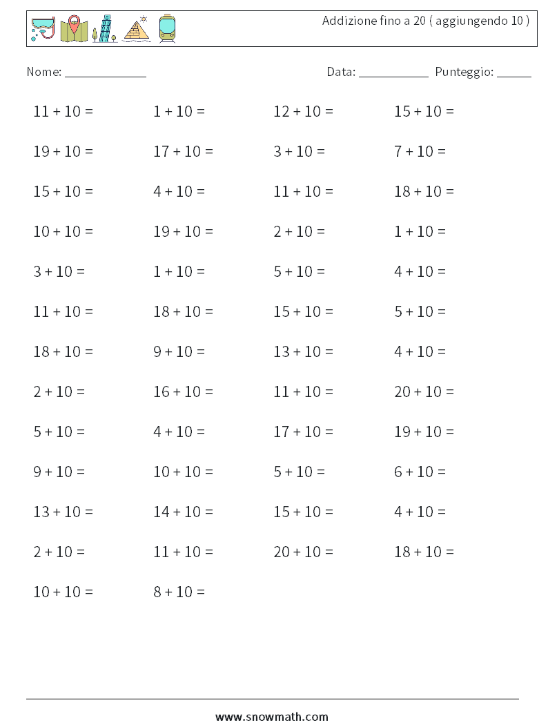 (50) Addizione fino a 20 ( aggiungendo 10 ) Fogli di lavoro di matematica 8