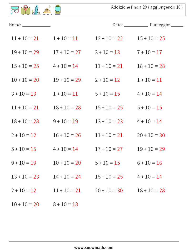(50) Addizione fino a 20 ( aggiungendo 10 ) Fogli di lavoro di matematica 8 Domanda, Risposta