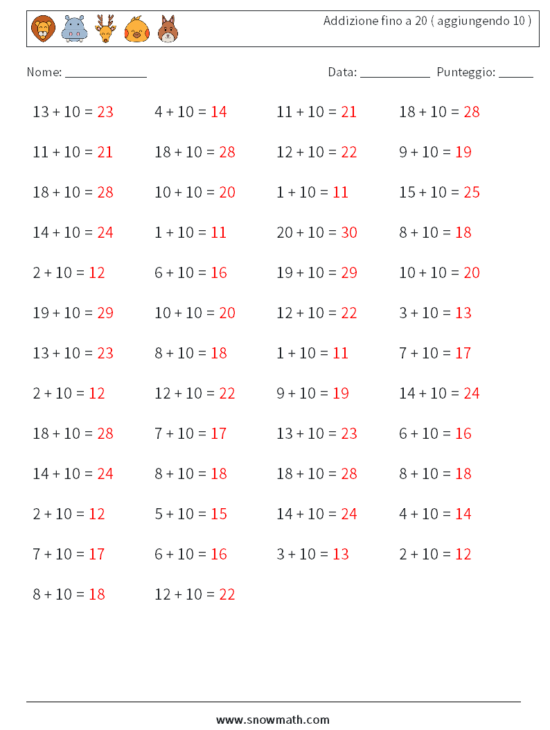 (50) Addizione fino a 20 ( aggiungendo 10 ) Fogli di lavoro di matematica 9 Domanda, Risposta