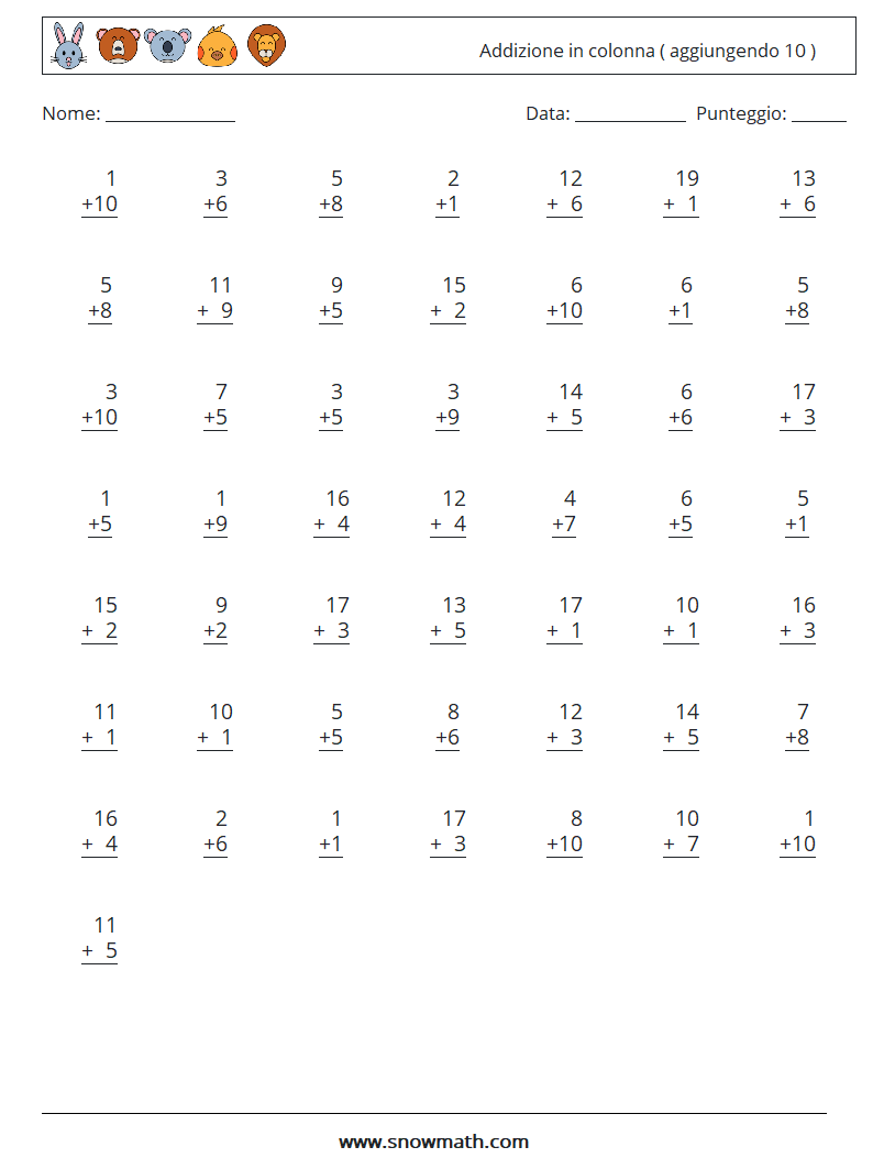 (50) Addizione in colonna ( aggiungendo 10 ) Fogli di lavoro di matematica 10