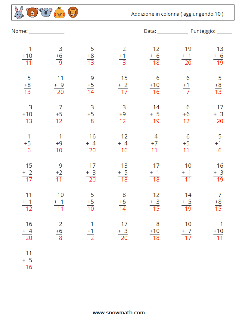 (50) Addizione in colonna ( aggiungendo 10 ) Fogli di lavoro di matematica 10 Domanda, Risposta