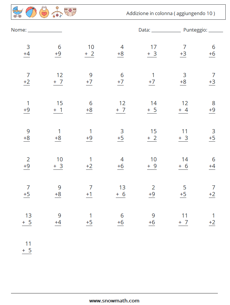 (50) Addizione in colonna ( aggiungendo 10 ) Fogli di lavoro di matematica 11