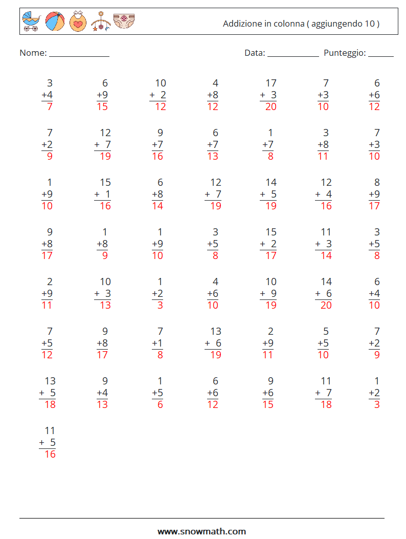 (50) Addizione in colonna ( aggiungendo 10 ) Fogli di lavoro di matematica 11 Domanda, Risposta
