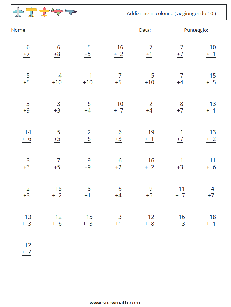 (50) Addizione in colonna ( aggiungendo 10 ) Fogli di lavoro di matematica 12