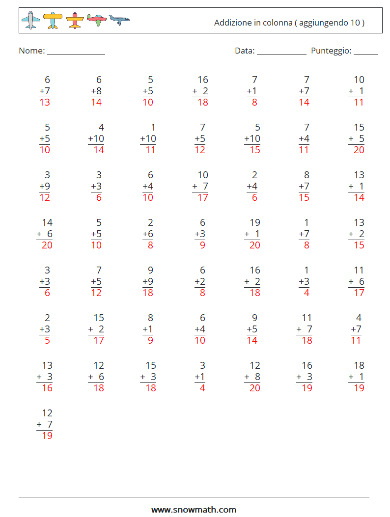 (50) Addizione in colonna ( aggiungendo 10 ) Fogli di lavoro di matematica 12 Domanda, Risposta