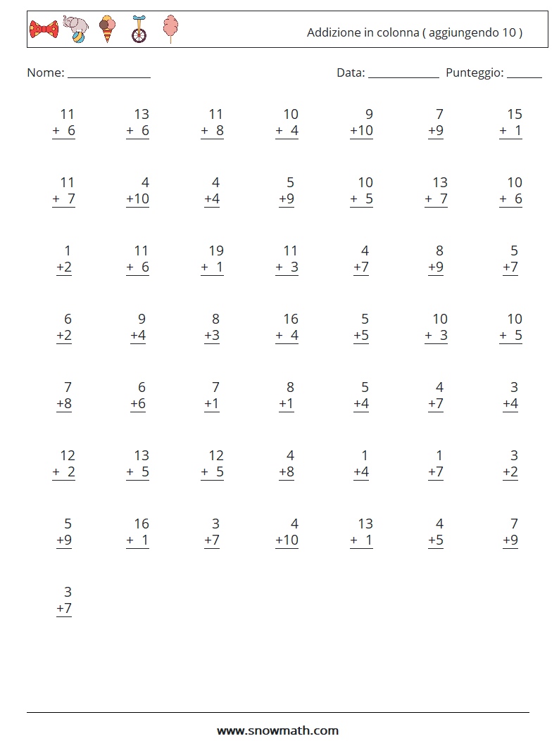(50) Addizione in colonna ( aggiungendo 10 ) Fogli di lavoro di matematica 13