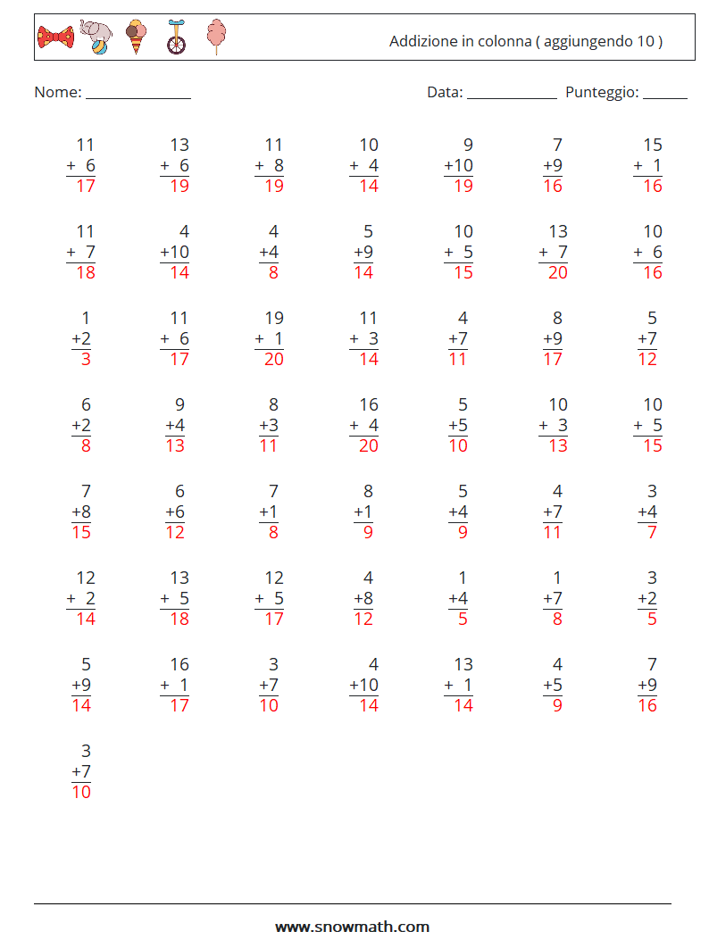 (50) Addizione in colonna ( aggiungendo 10 ) Fogli di lavoro di matematica 13 Domanda, Risposta