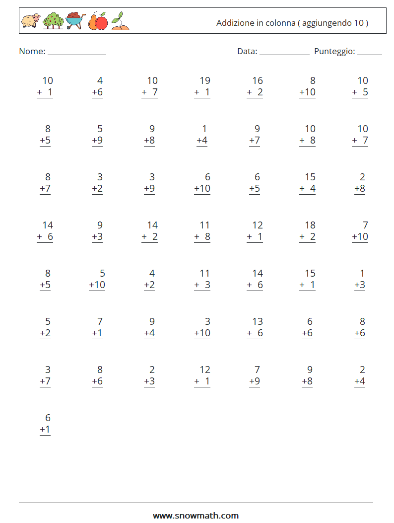 (50) Addizione in colonna ( aggiungendo 10 ) Fogli di lavoro di matematica 14