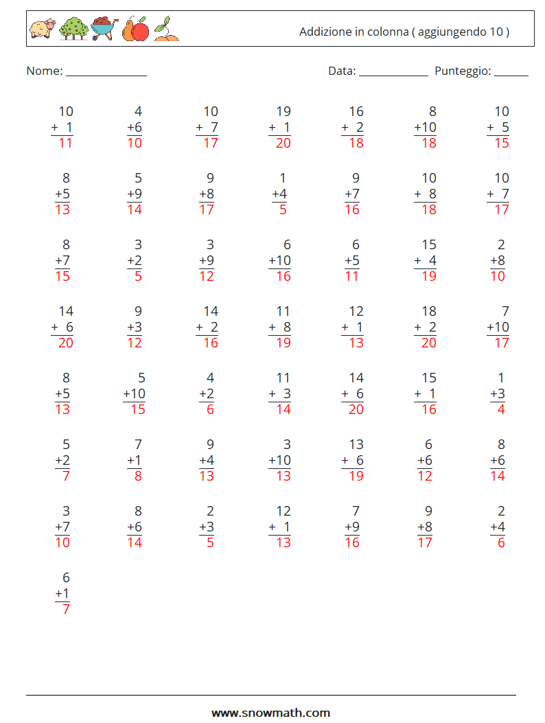 (50) Addizione in colonna ( aggiungendo 10 ) Fogli di lavoro di matematica 14 Domanda, Risposta