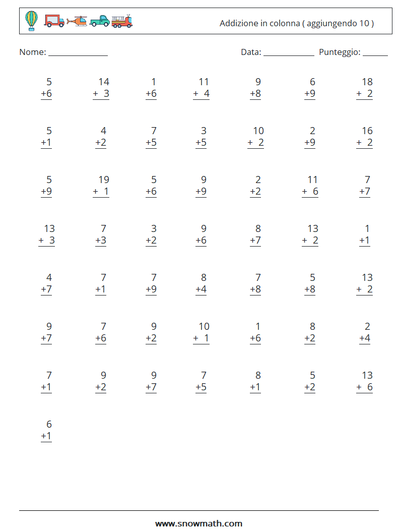 (50) Addizione in colonna ( aggiungendo 10 ) Fogli di lavoro di matematica 15