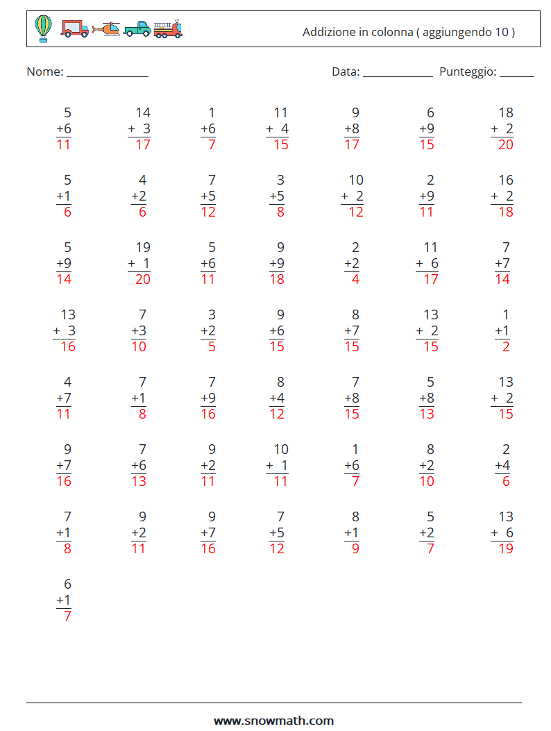 (50) Addizione in colonna ( aggiungendo 10 ) Fogli di lavoro di matematica 15 Domanda, Risposta