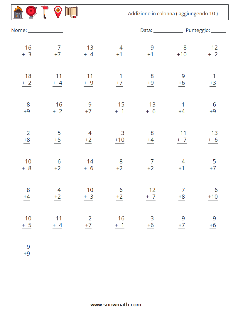 (50) Addizione in colonna ( aggiungendo 10 ) Fogli di lavoro di matematica 16