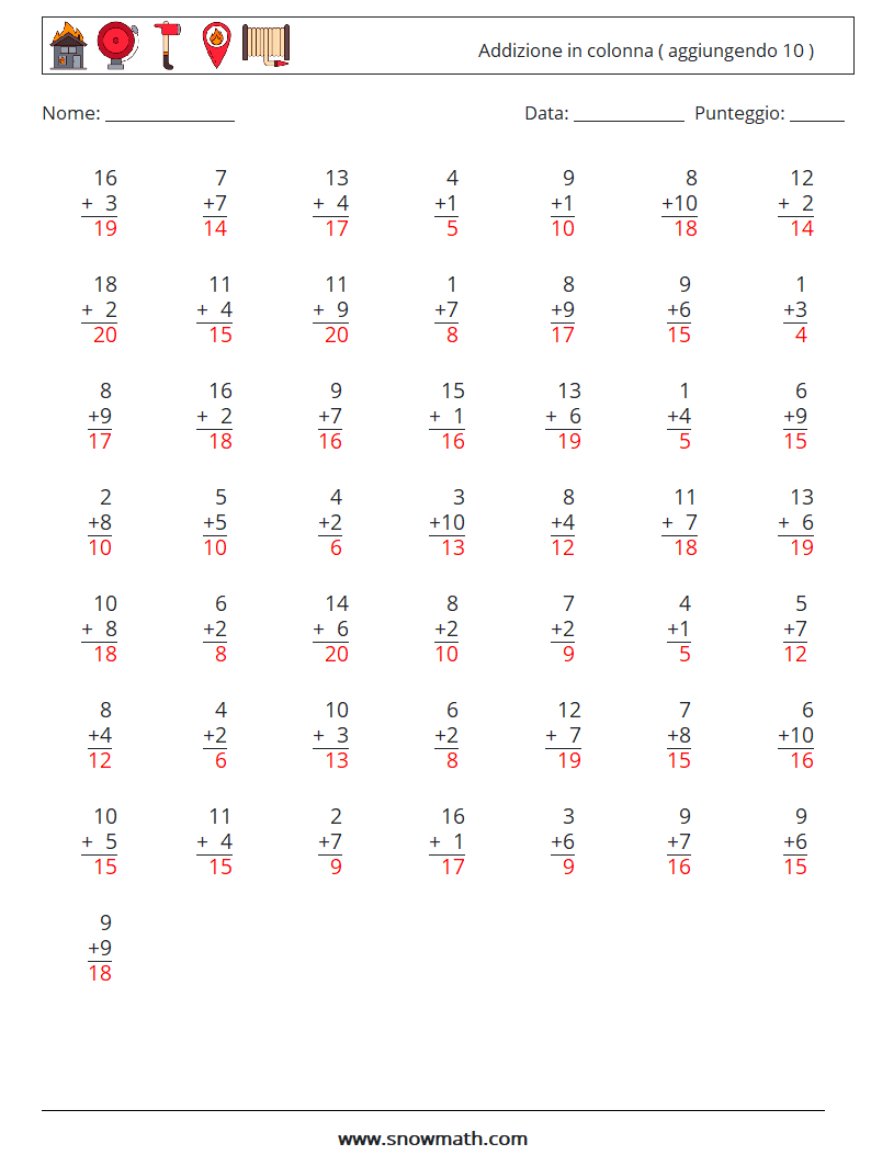 (50) Addizione in colonna ( aggiungendo 10 ) Fogli di lavoro di matematica 16 Domanda, Risposta