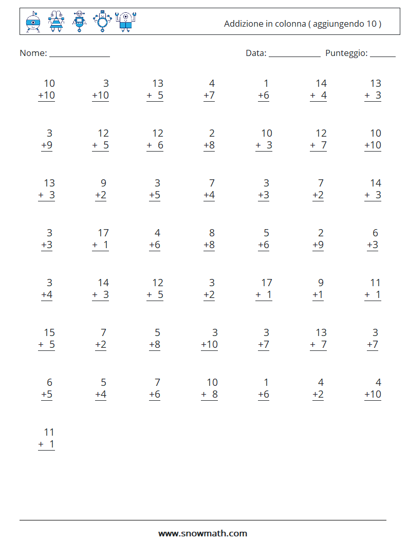 (50) Addizione in colonna ( aggiungendo 10 ) Fogli di lavoro di matematica 17