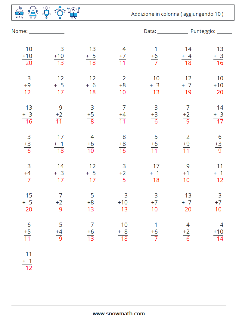 (50) Addizione in colonna ( aggiungendo 10 ) Fogli di lavoro di matematica 17 Domanda, Risposta