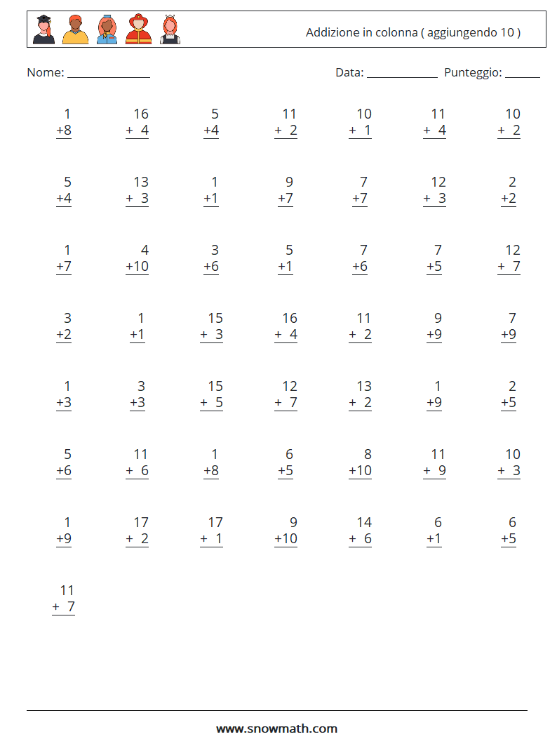 (50) Addizione in colonna ( aggiungendo 10 ) Fogli di lavoro di matematica 18