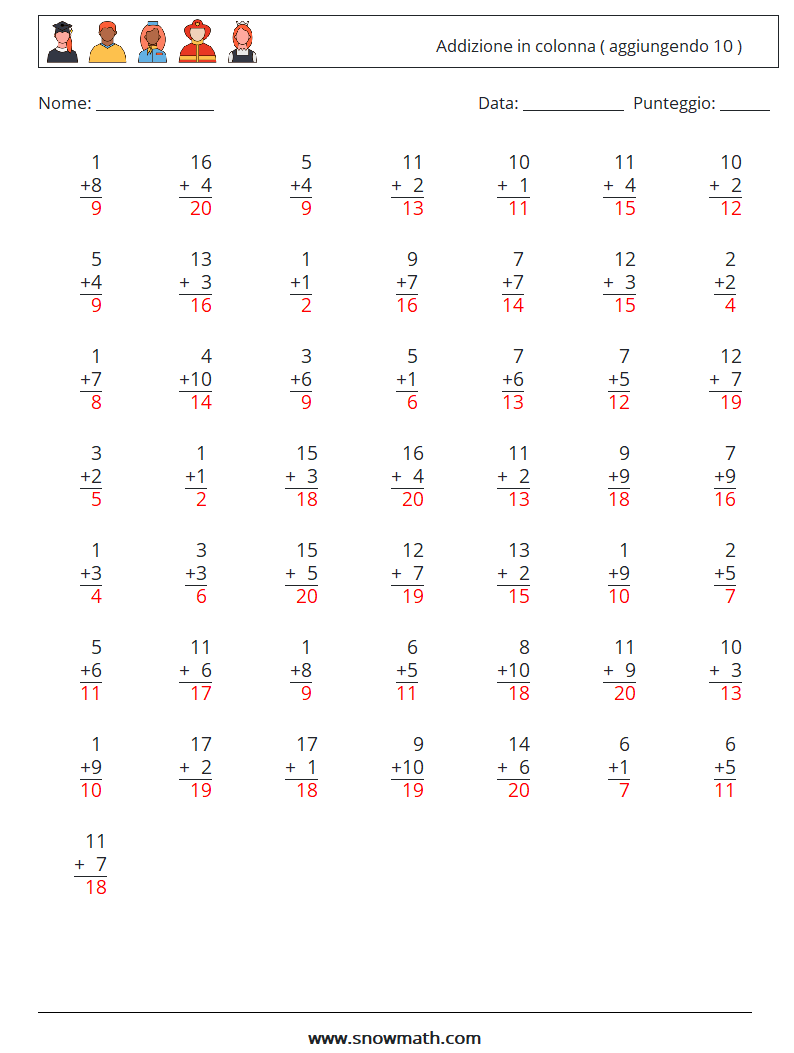 (50) Addizione in colonna ( aggiungendo 10 ) Fogli di lavoro di matematica 18 Domanda, Risposta