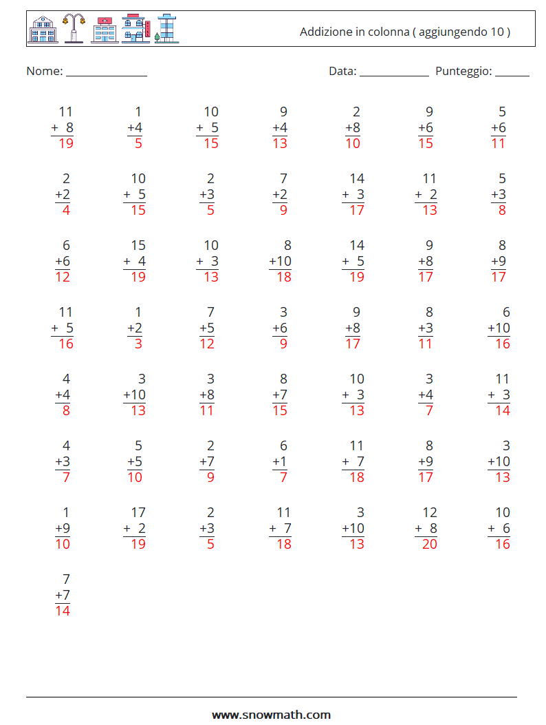 (50) Addizione in colonna ( aggiungendo 10 ) Fogli di lavoro di matematica 1 Domanda, Risposta