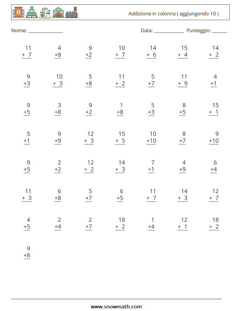 (50) Addizione in colonna ( aggiungendo 10 ) Fogli di lavoro di matematica 2