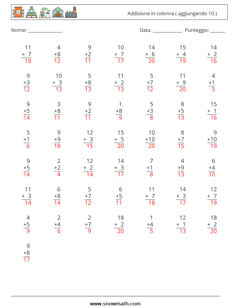 (50) Addizione in colonna ( aggiungendo 10 ) Fogli di lavoro di matematica 2 Domanda, Risposta
