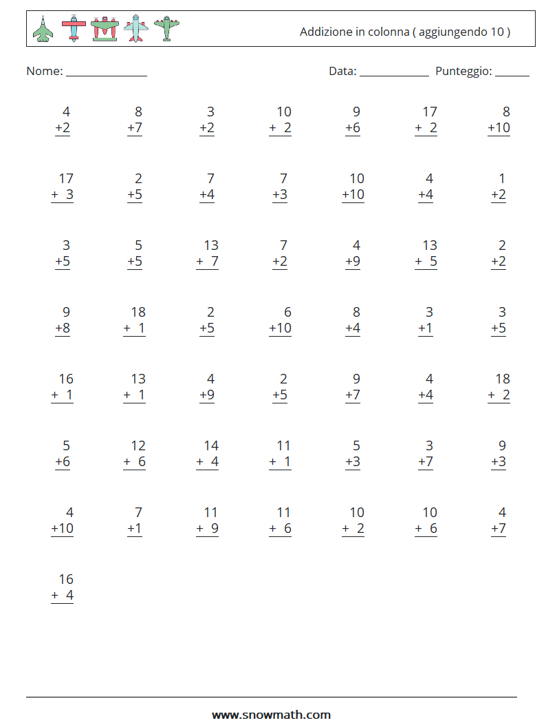 (50) Addizione in colonna ( aggiungendo 10 ) Fogli di lavoro di matematica 3