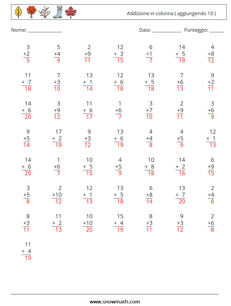 (50) Addizione in colonna ( aggiungendo 10 ) Fogli di lavoro di matematica 4 Domanda, Risposta