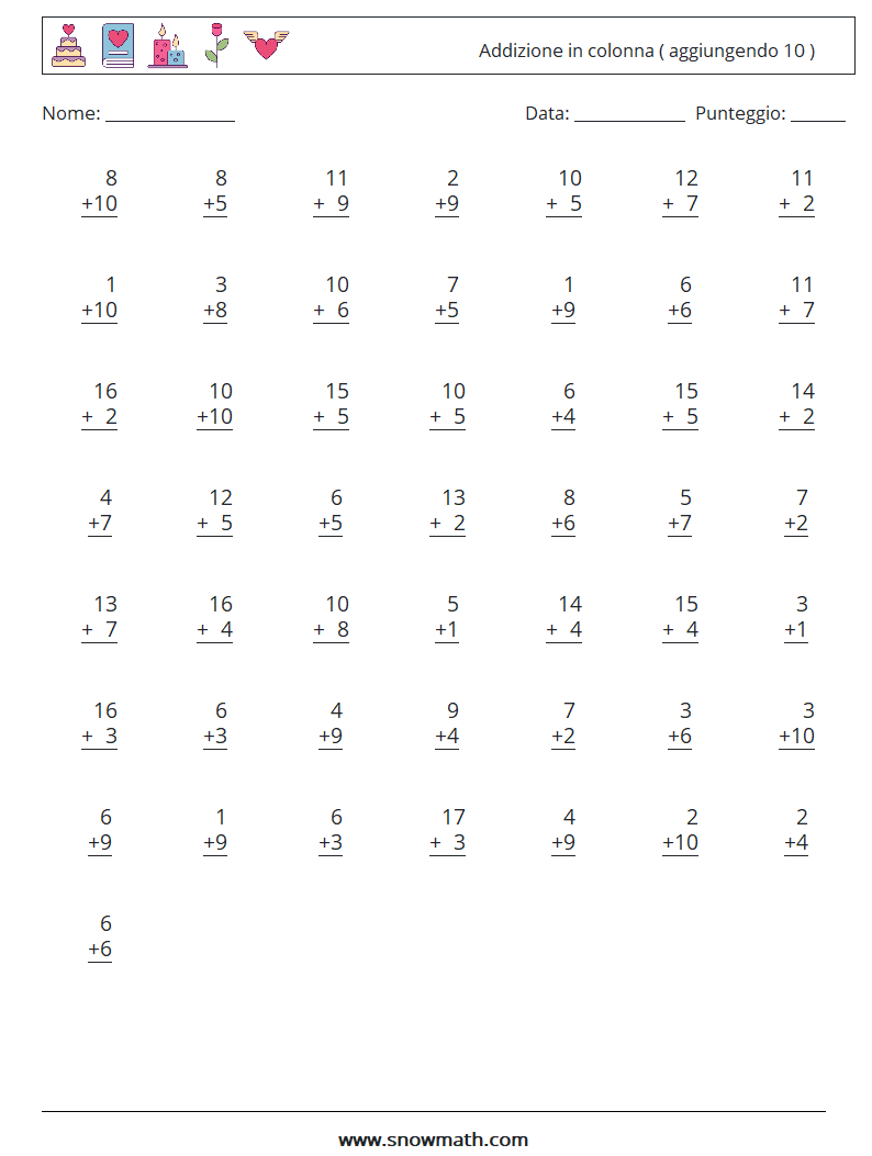 (50) Addizione in colonna ( aggiungendo 10 ) Fogli di lavoro di matematica 5