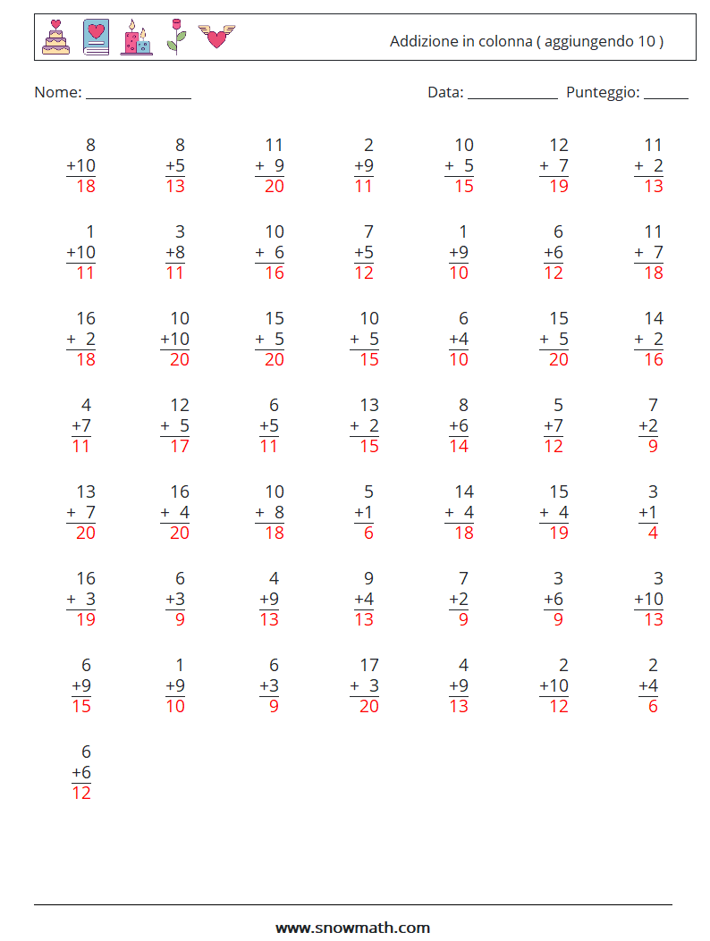 (50) Addizione in colonna ( aggiungendo 10 ) Fogli di lavoro di matematica 5 Domanda, Risposta