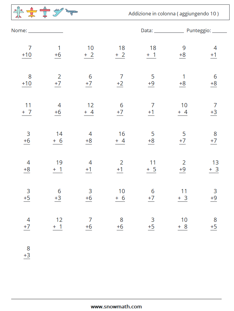 (50) Addizione in colonna ( aggiungendo 10 ) Fogli di lavoro di matematica 7