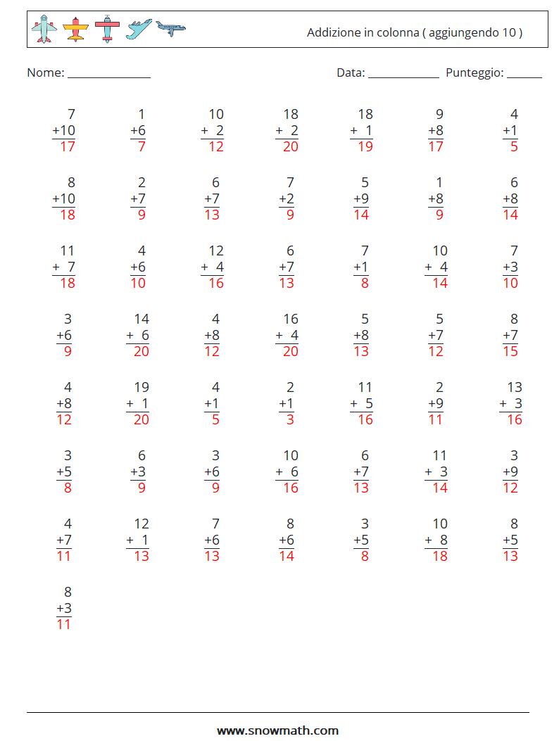 (50) Addizione in colonna ( aggiungendo 10 ) Fogli di lavoro di matematica 7 Domanda, Risposta