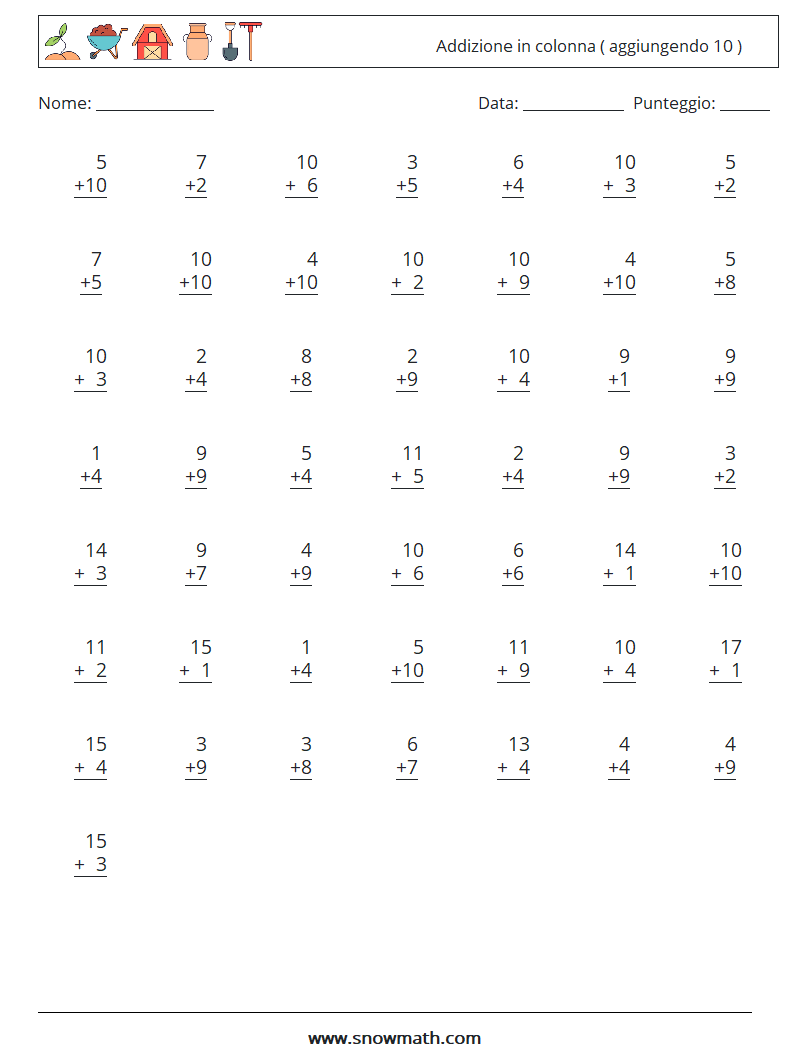 (50) Addizione in colonna ( aggiungendo 10 ) Fogli di lavoro di matematica 8