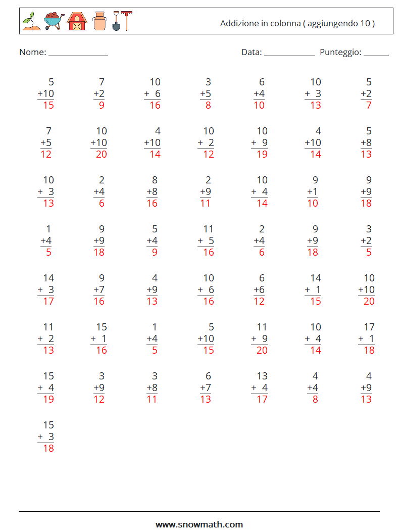 (50) Addizione in colonna ( aggiungendo 10 ) Fogli di lavoro di matematica 8 Domanda, Risposta