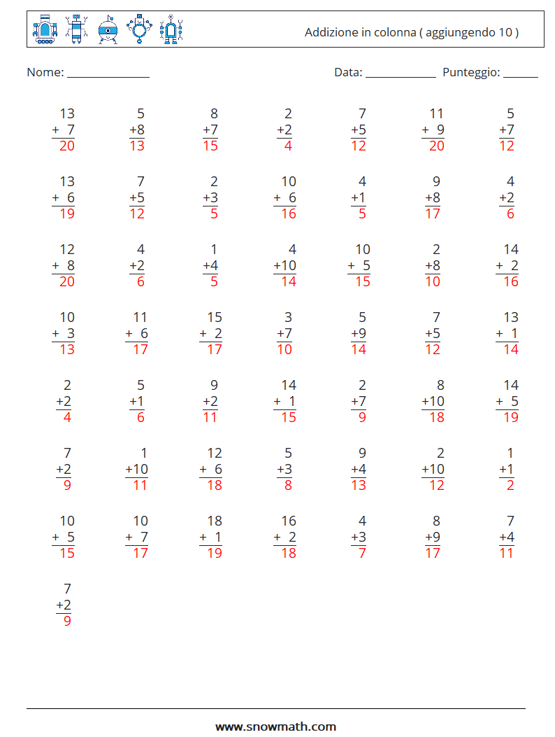 (50) Addizione in colonna ( aggiungendo 10 ) Fogli di lavoro di matematica 9 Domanda, Risposta
