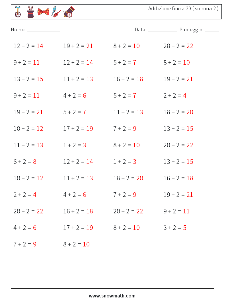 (50) Addizione fino a 20 ( somma 2 ) Fogli di lavoro di matematica 1 Domanda, Risposta