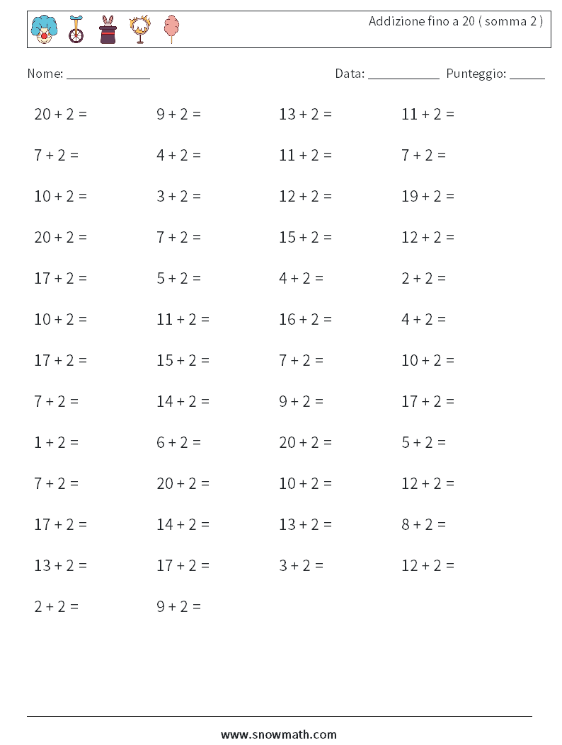 (50) Addizione fino a 20 ( somma 2 ) Fogli di lavoro di matematica 2