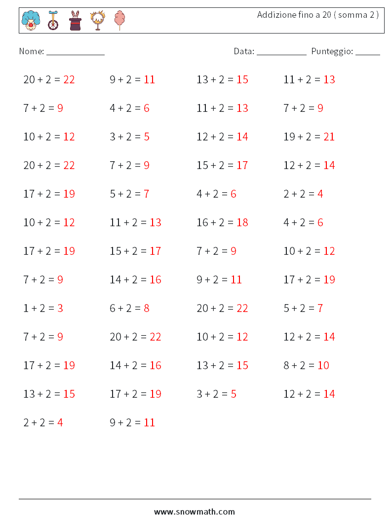 (50) Addizione fino a 20 ( somma 2 ) Fogli di lavoro di matematica 2 Domanda, Risposta